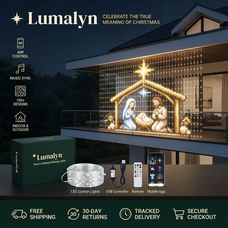 Lumalyn – Luci natalizie smart animate per balcone showing a glowing nativity scene