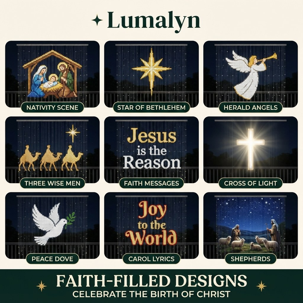 Nove disegni di luci di Natale cristiane: presepe, stella di Betlemme, angelo annunciatore, Re Magi, croce e altro