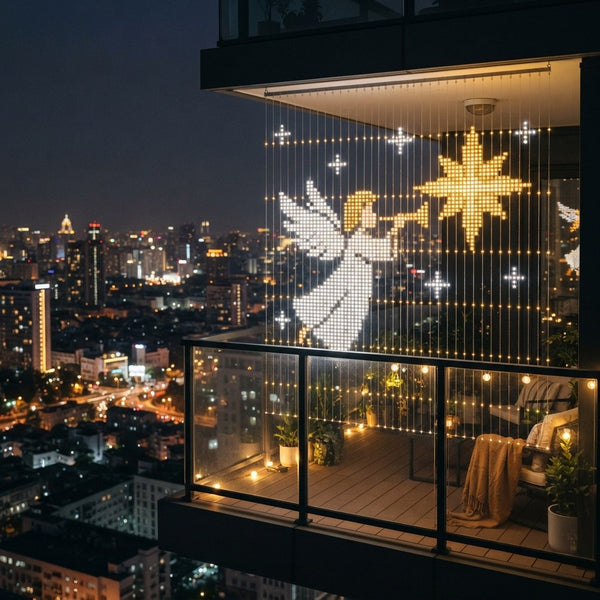 Animated angel and star on a glass balcony light curtain at night