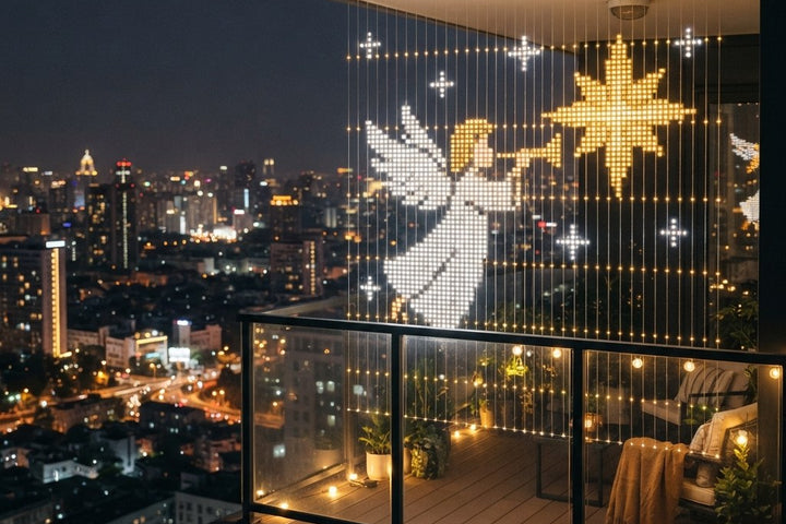 Smart curtain lights on a high-rise glass balcony showing a pixel angel and a golden star above the city at night