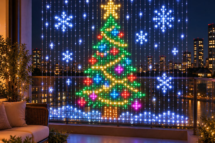 Animated LED curtain lights showing a colorful tree and snowflakes behind the glass railing of a city apartment balcony at night