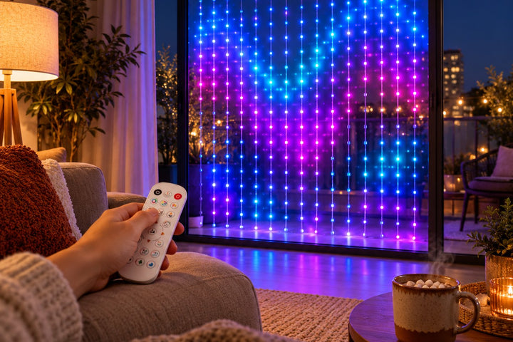 Curtain fairy lights glowing blue, purple and pink behind a living-room glass door while a person on the sofa holds a remote