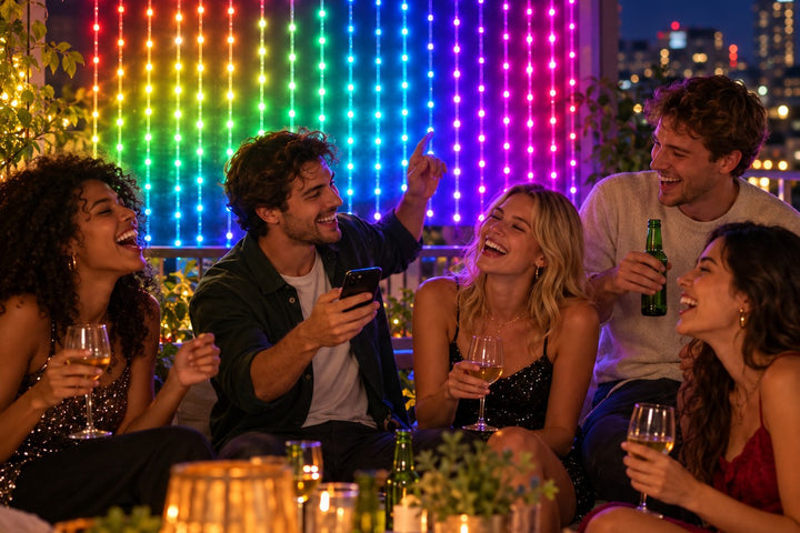 Friends laughing at a nighttime balcony party in front of a rainbow pixel LED curtain, the kind of animated set that can also run Halloween curtain lights designs