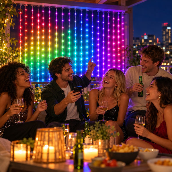 Friends at a balcony party under rainbow LED curtain lights