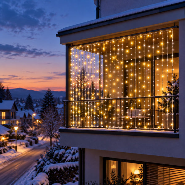 Warm-white curtain lights glowing on a snowy balcony at dusk