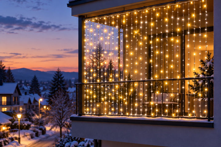 Warm-white outdoor curtain lights hanging under the roof of a covered balcony above a snowy street at dusk