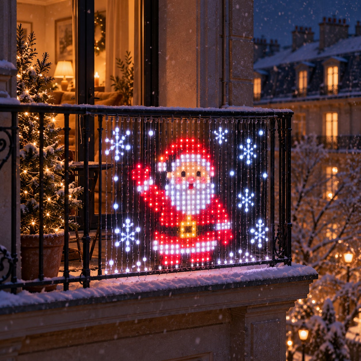 Animated Santa on a snowy balcony with Lumalyn smart curtain lights