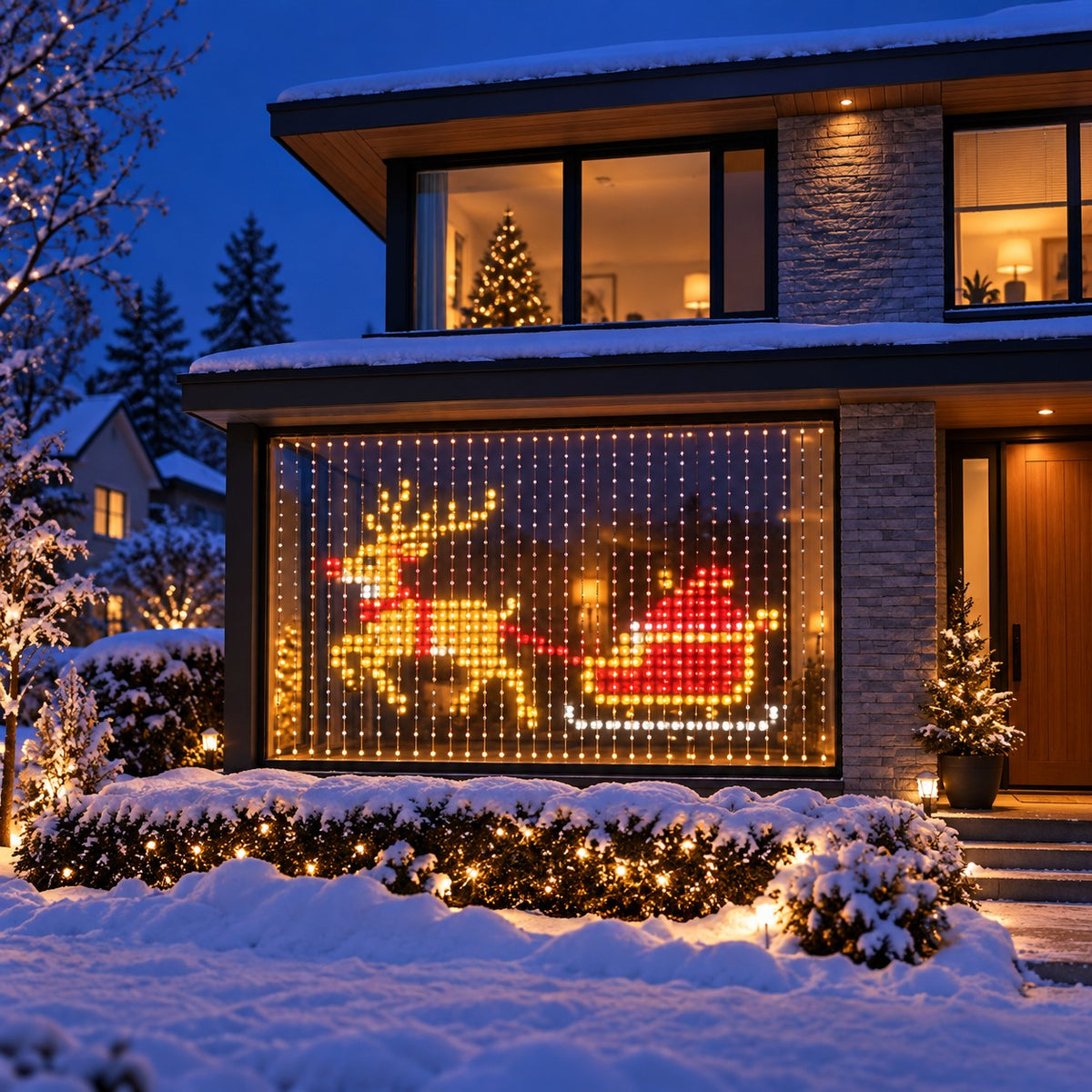 Reindeer and sleigh animation on a house window