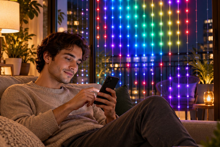 Man relaxing on a sofa in a lamp-lit room while he changes rainbow LED curtain lights from his phone, the same cozy setup that works as curtain lights for bedroom windows
