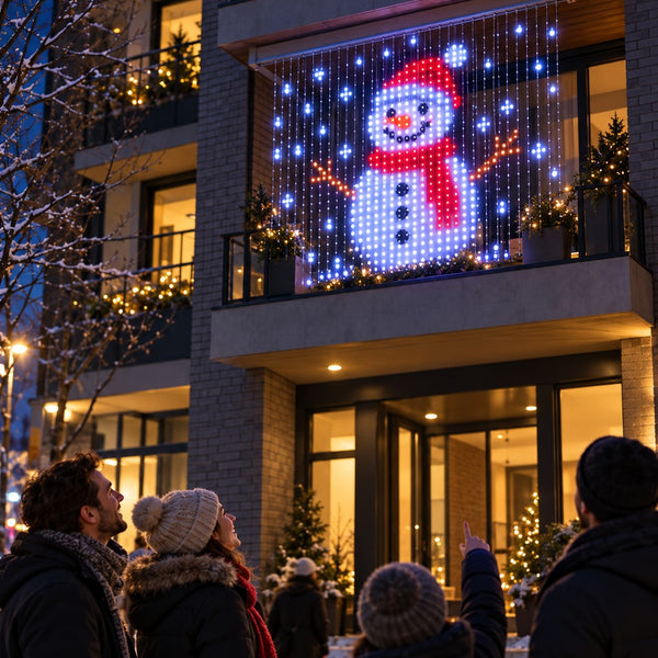 People on the street looking up at a snowman on a balcony light curtain