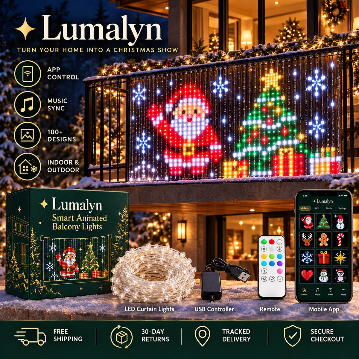 Lumalyn smart balcony lights showing an animated Santa and Christmas tree, with the box, LED curtain, USB controller, remote and app