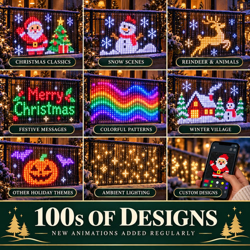 Nine balcony displays: Christmas classics, snow scenes, reindeer, Merry Christmas message, colour patterns, winter village, other holidays, ambient lighting and custom designs