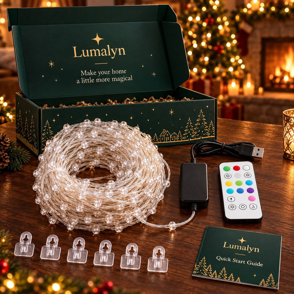 What's in the box: LED curtain lights, USB controller, remote control, hanging hooks and quick start guide