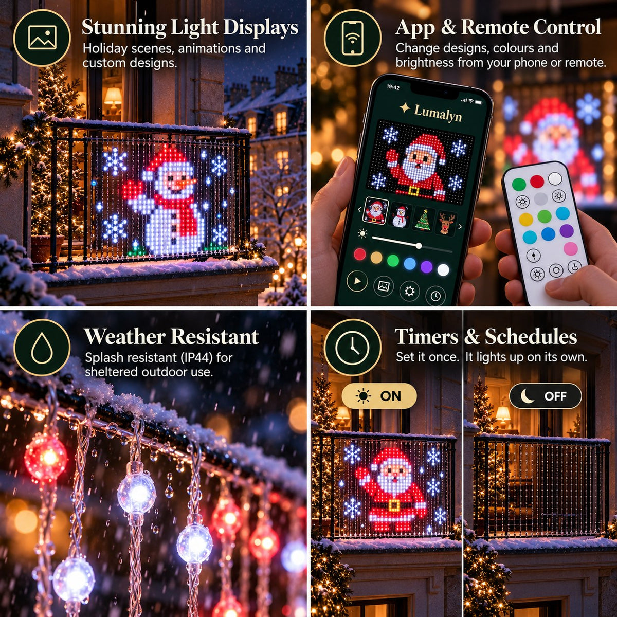 Espetáculos de luz deslumbrantes, controlo por app e comando, resistente a salpicos, temporizadores e horários