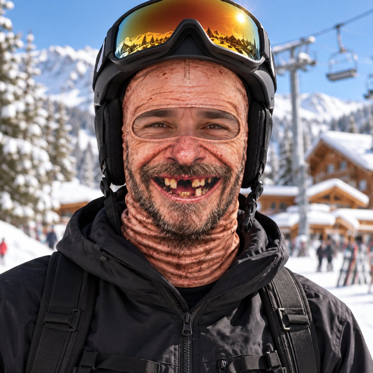 Skier at a ski resort wearing the Snowmug Toothless Ted face ski mask under a helmet