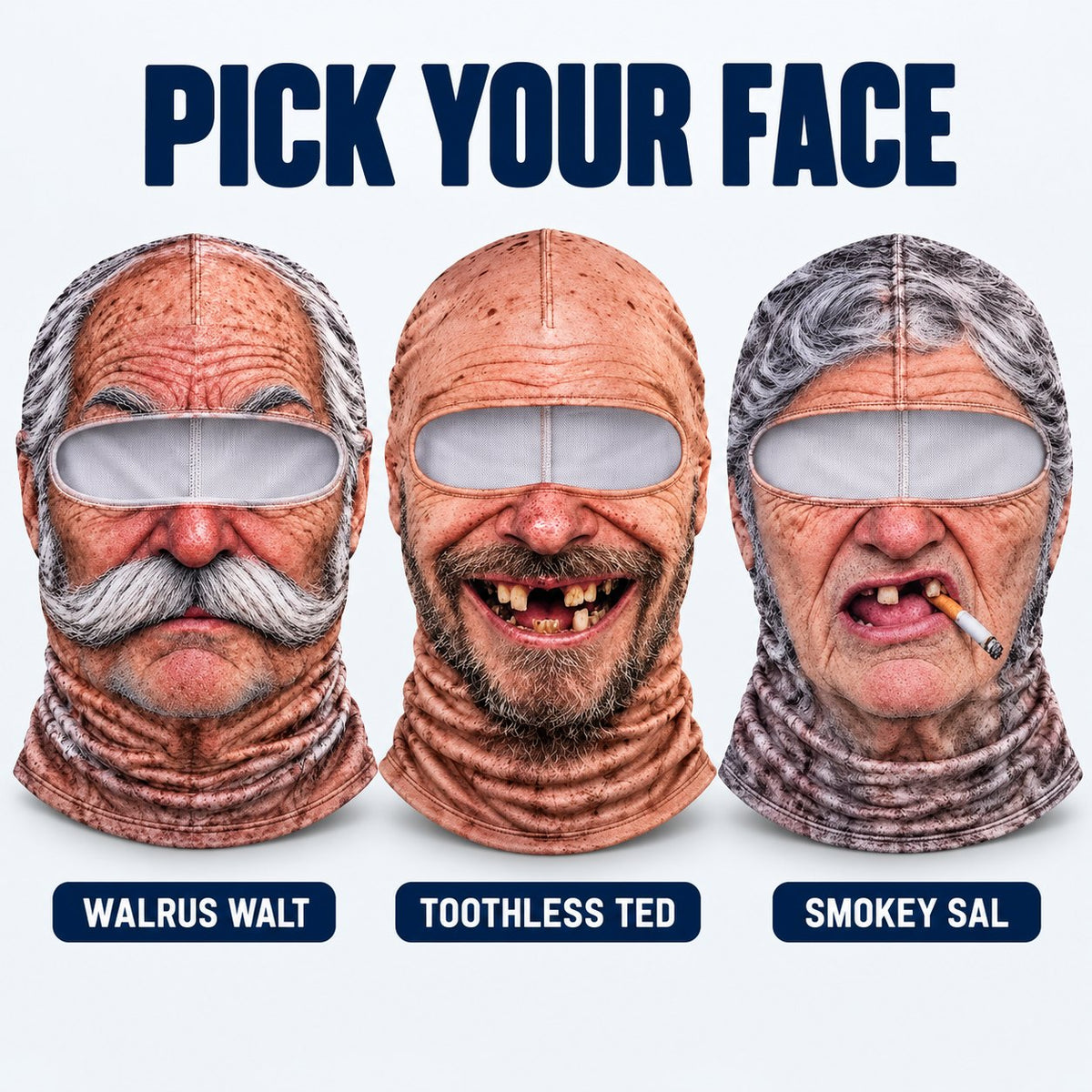 The three Snowmug faces: Walrus Walt, Toothless Ted and Smokey Sal