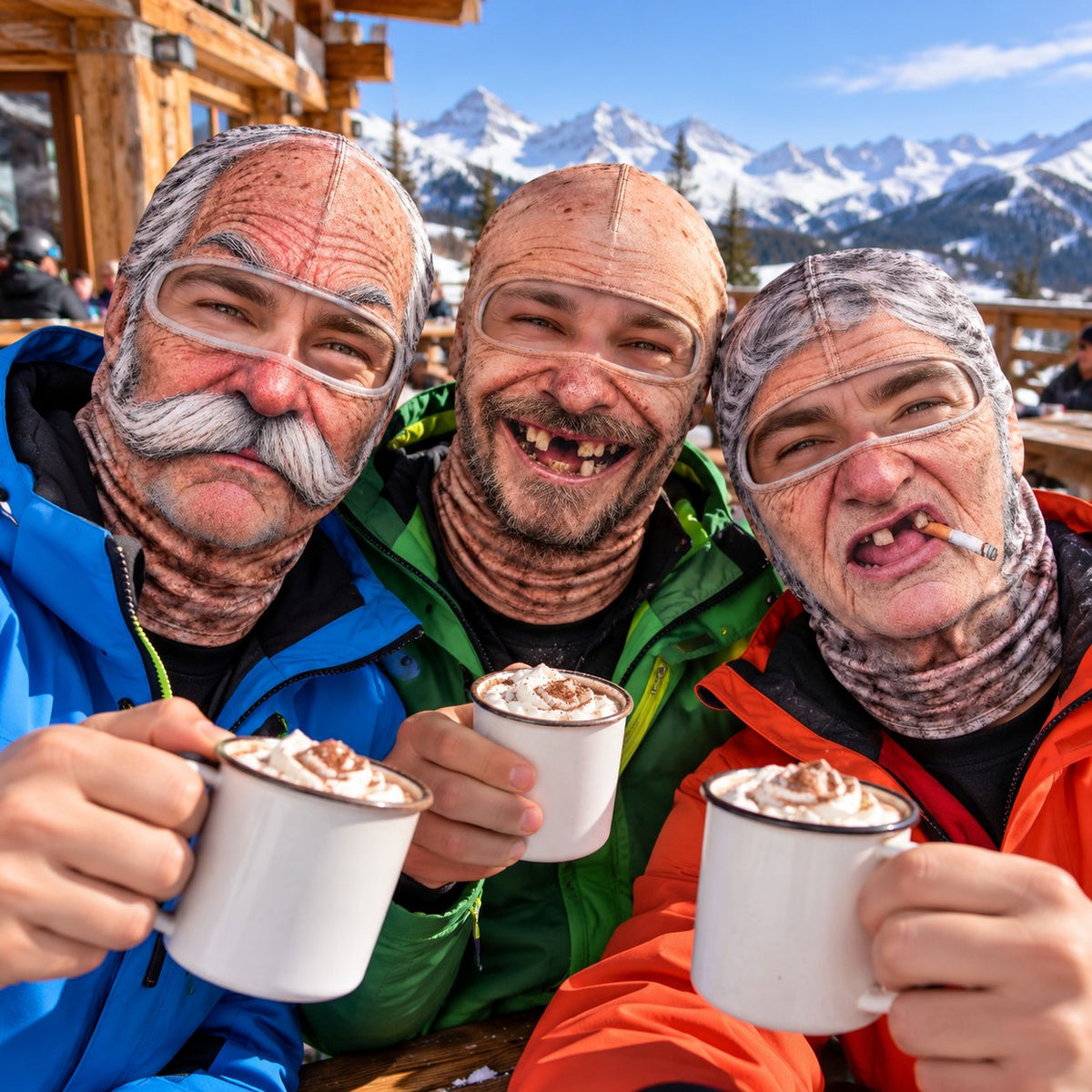 Three friends on a ski lodge terrace wearing the three Snowmug face masks