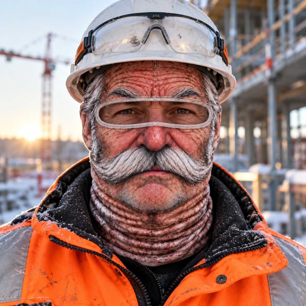 Construction worker wearing the Walrus Walt face mask under a hard hat