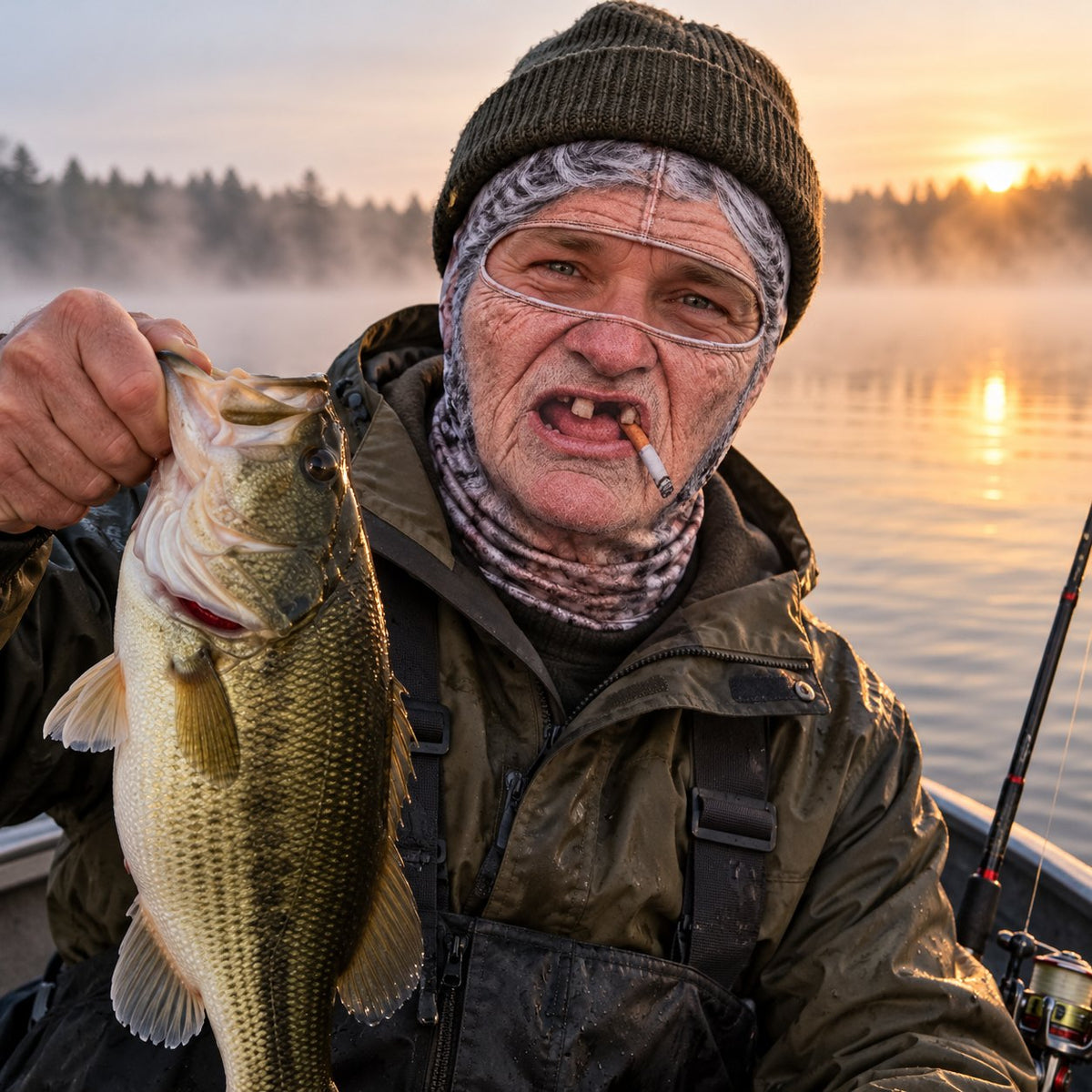 Fisherman on a lake at dawn wearing the Smokey Sal face mask