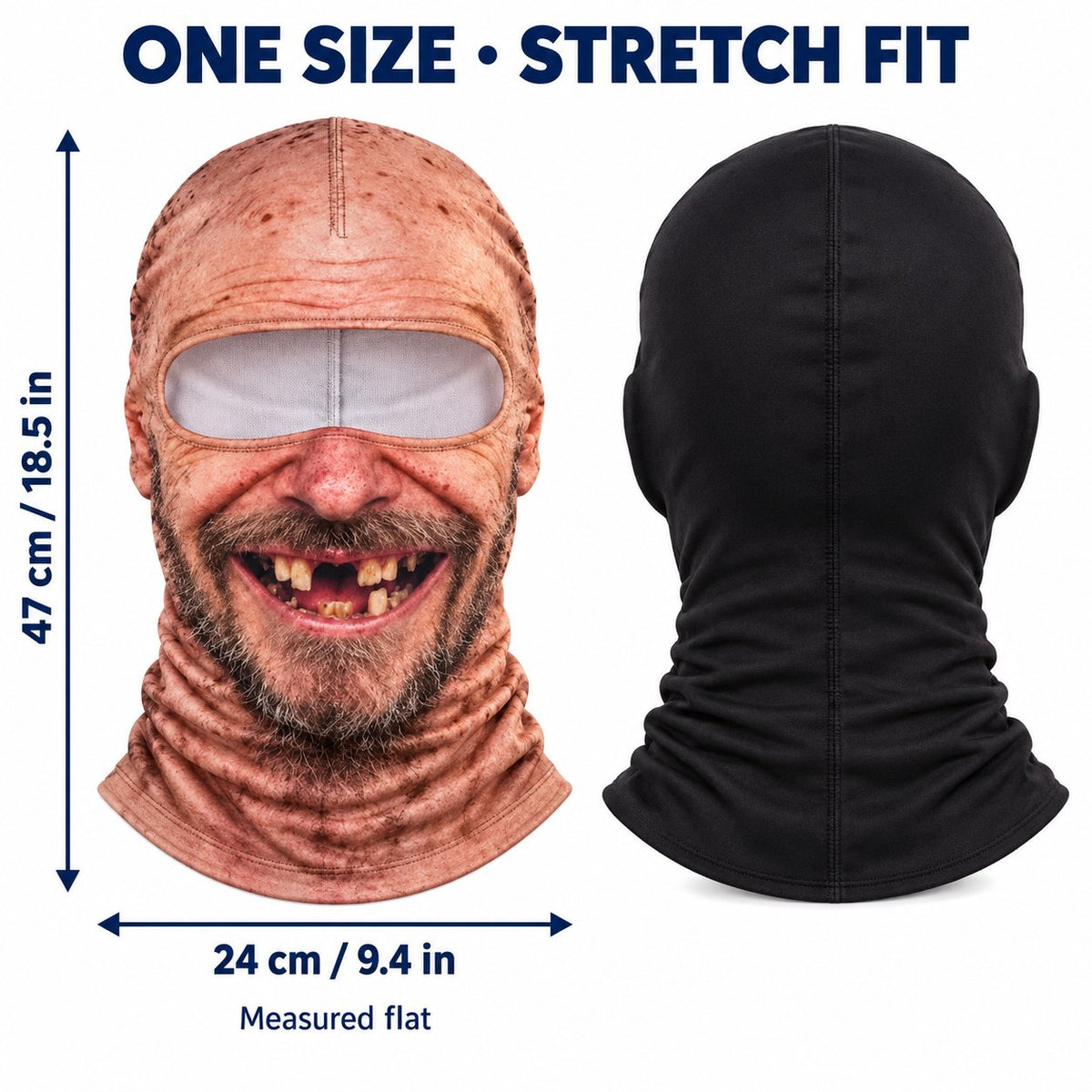 Size guide: one size, about 47 cm by 24 cm measured flat, plain black back